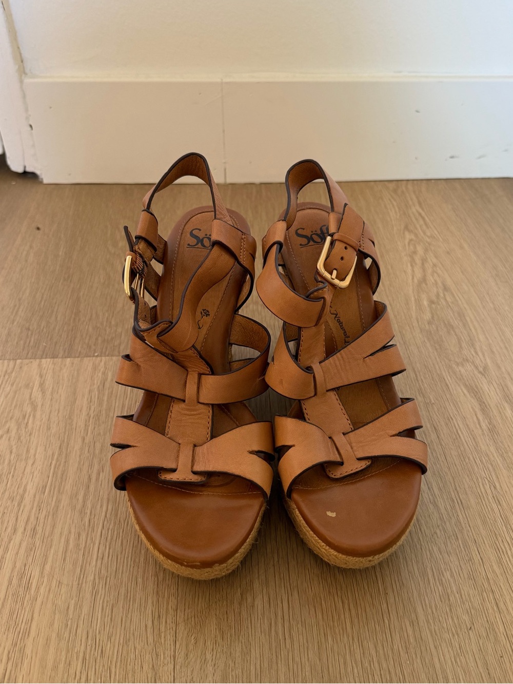 Sofft Tan Leather Strappy Espadrilles Wedge Sandals